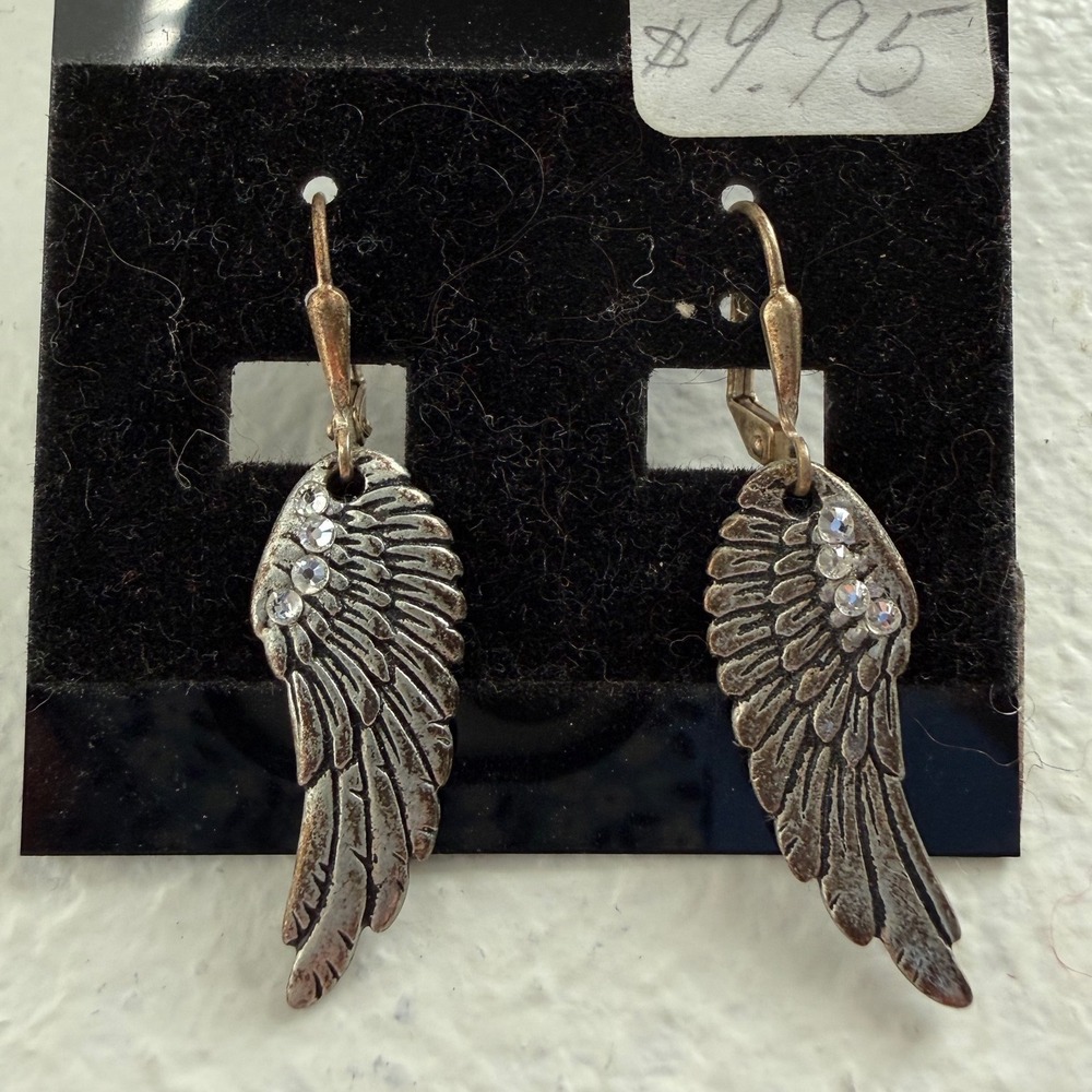 Crystal Angel Wings Dangle Earrings Silver Plated Hook